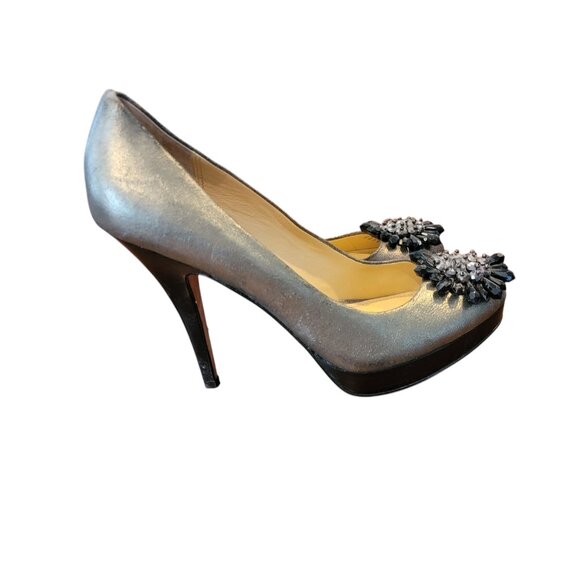 Coach Bergen Metallic Gray Pointy Toe Platform Heels with Rose Embellishment - Picture 3 of 15
